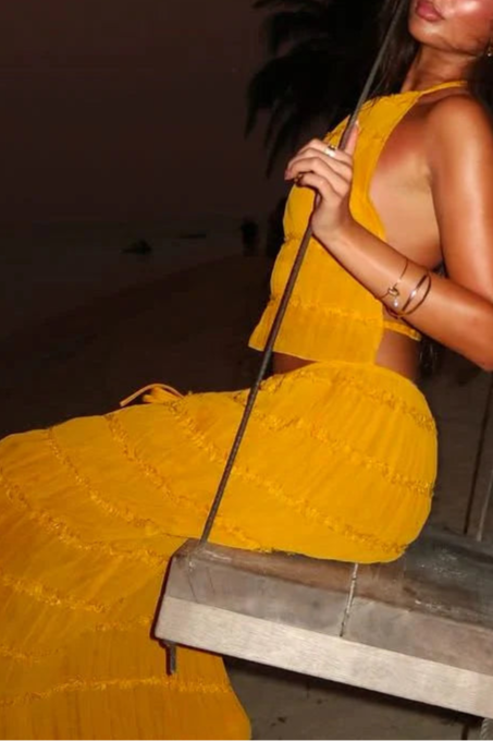 Sexy Orange Chiffon Halter Neck Backless Party Dress Long Vacation Dresses Two Piece