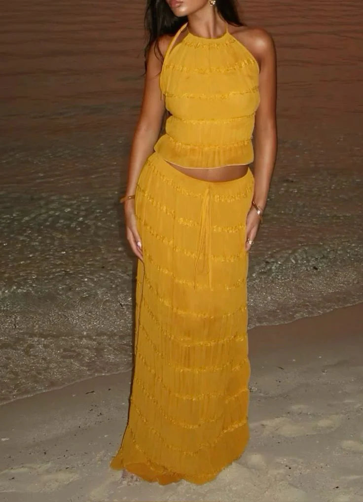 Sexy Orange Chiffon Halter Neck Backless Party Dress Long Vacation Dresses Two Piece