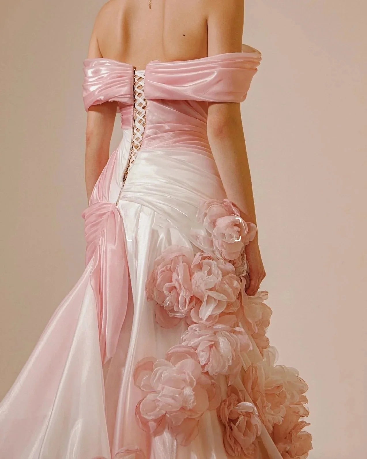 Sexy Pink Organza Floral Mermaid Strapless Short Sleeves Long Prom Dresses Party Dress With Train