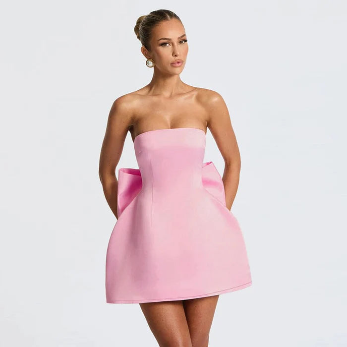 Handmade Sexy Pink Satin Strapless Prom Dress Backless  Short Homecoming Dress With Bow