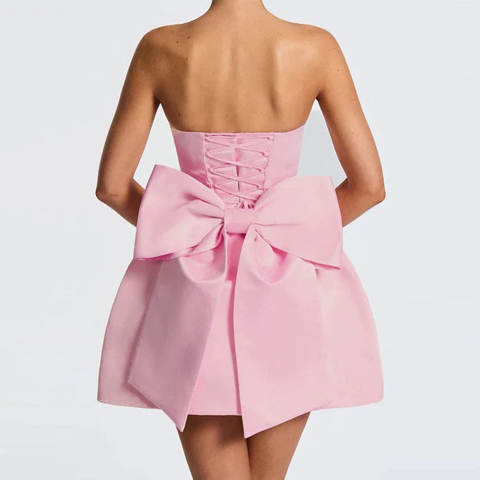 Handmade Sexy Pink Satin Strapless Prom Dress Backless  Short Homecoming Dress With Bow