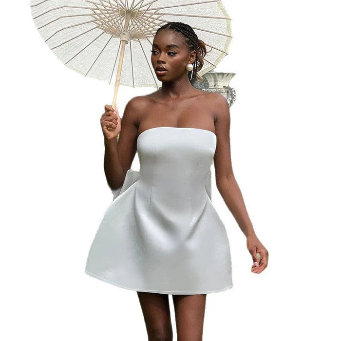 Handmade Sexy Pink Satin Strapless Prom Dress Backless  Short Homecoming Dress With Bow