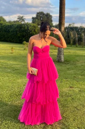 Sexy Pink Tulle A line Sweetheart Tiered Long Prom Dresses Budget Pink Party Dresses Birthday Outfits