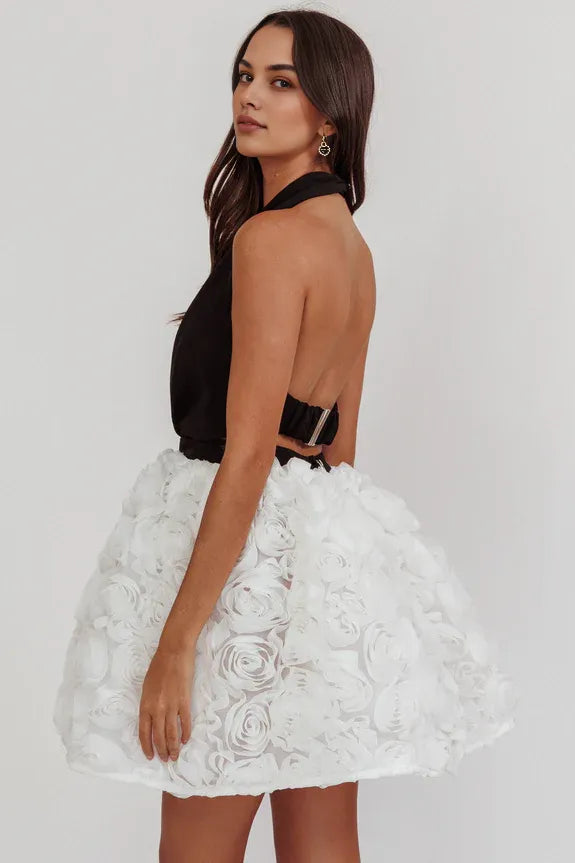 Sexy Pretty Plunging Halter Rosette Open Back White And Black Homecoming Dress