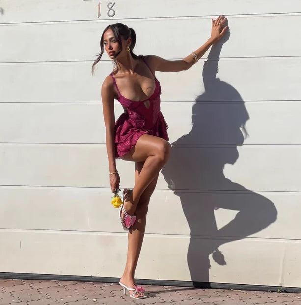 Sexy Purple Lace Halter Waist Spaghetti Straps Hollow Birthday Cake Skirt Homecoming Dress