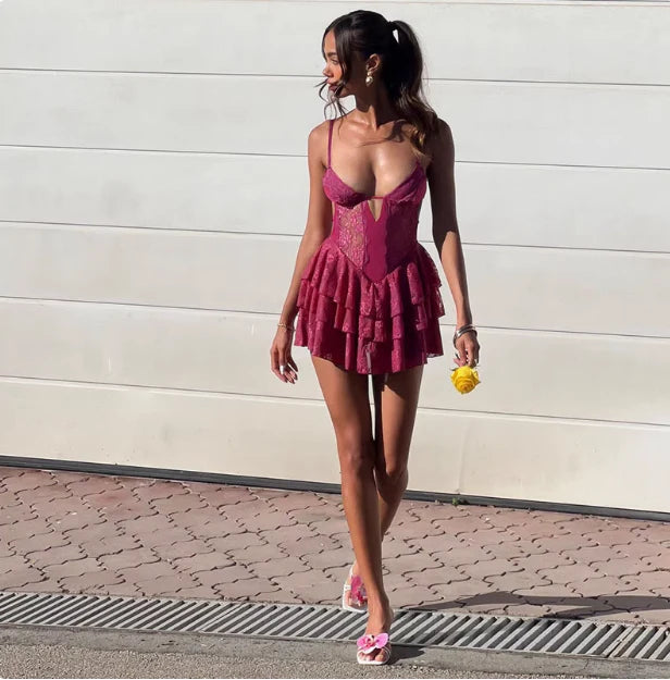 Sexy Purple Lace Halter Waist Spaghetti Straps Hollow Birthday Cake Skirt Homecoming Dress