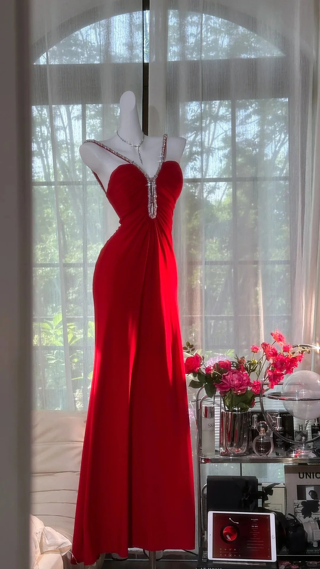 Sexy Red Chiffon Beaded Cutout Spaghetti Straps Halter Neck Open Back Prom Dress Evening Dress