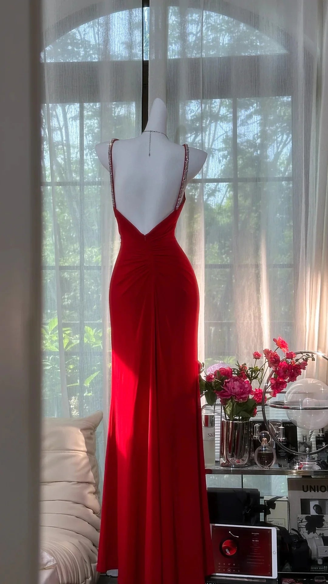 Sexy Red Chiffon Beaded Cutout Spaghetti Straps Halter Neck Open Back Prom Dress Evening Dress