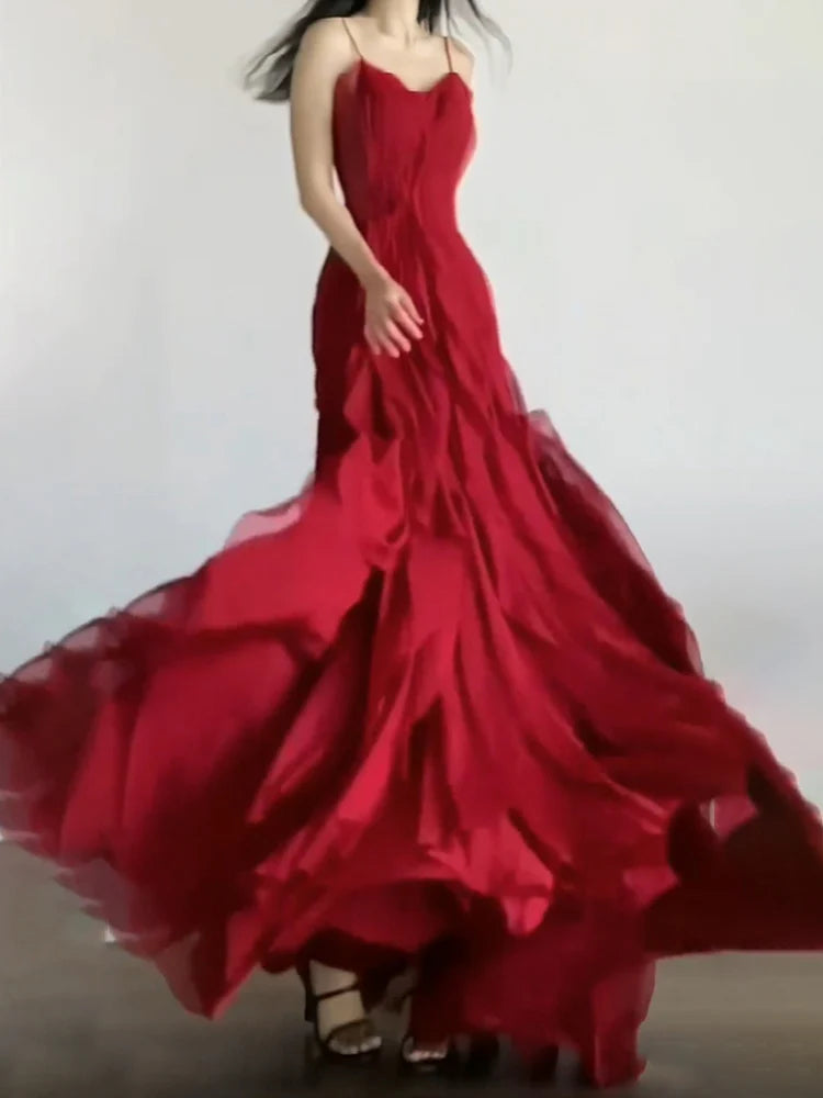Sexy Red Chiffon Mermaid V Neck Spaghetti Straps Ruffles Long Prom Dress Evening Dress