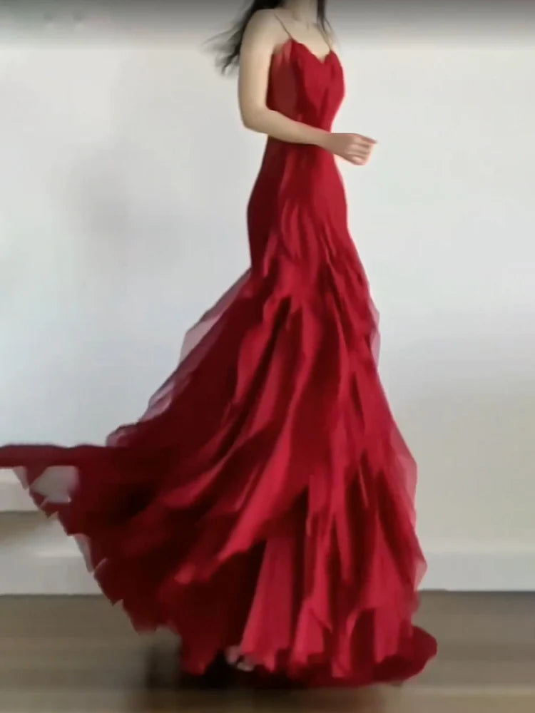 Sexy Red Chiffon Mermaid V Neck Spaghetti Straps Ruffles Long Prom Dress Evening Dress