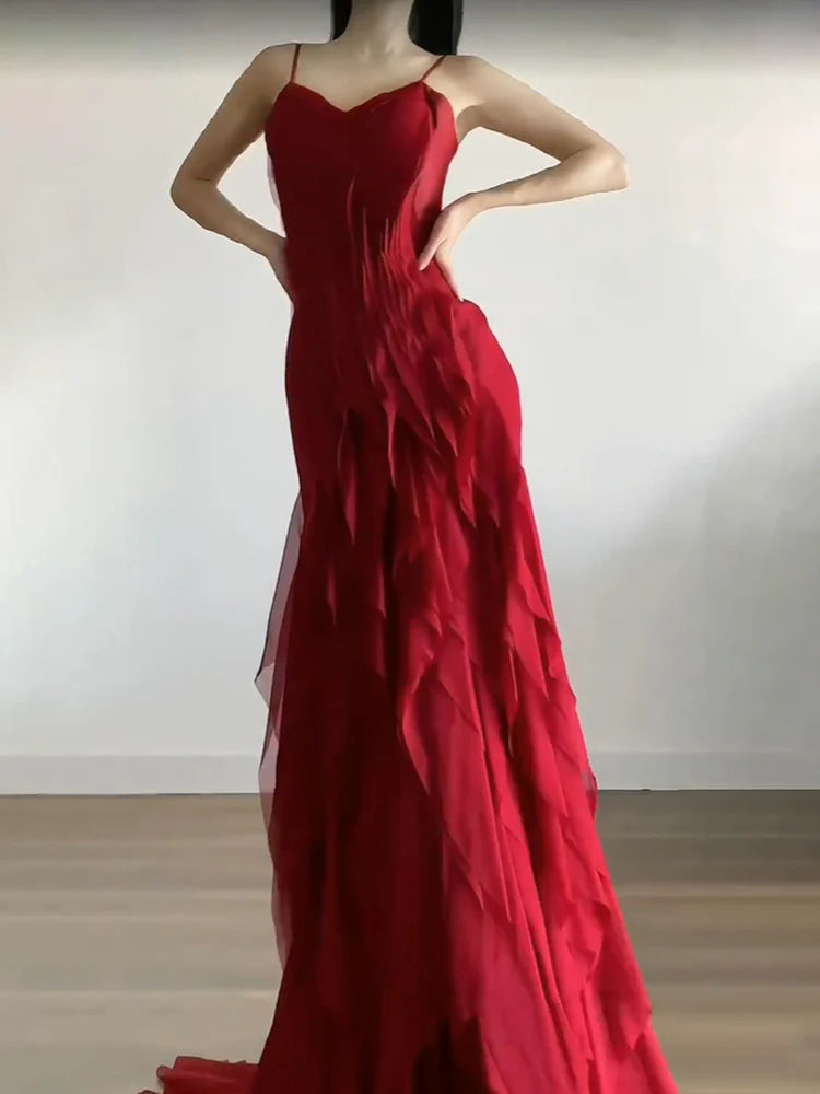 Sexy Red Chiffon Mermaid V Neck Spaghetti Straps Ruffles Long Prom Dress Evening Dress