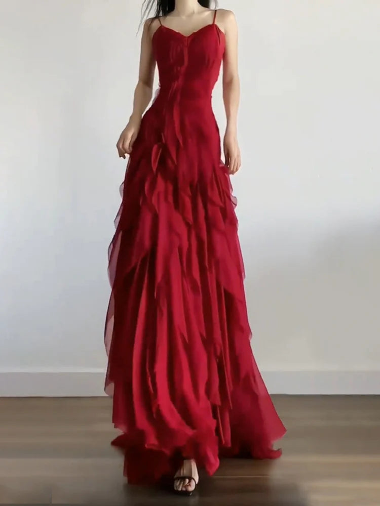 Sexy Red Chiffon Mermaid V Neck Spaghetti Straps Ruffles Long Prom Dress Evening Dress