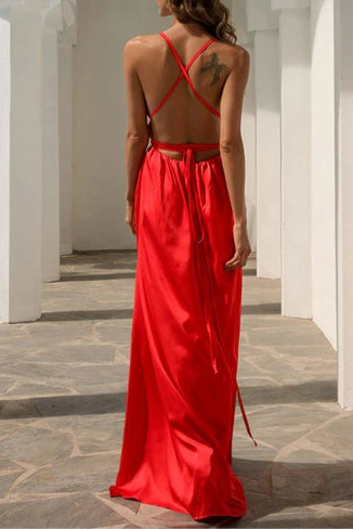 Sexy Red Deep V-Neck Spaghetti Straps Floor Length Long Evening Dress With High Side Slit