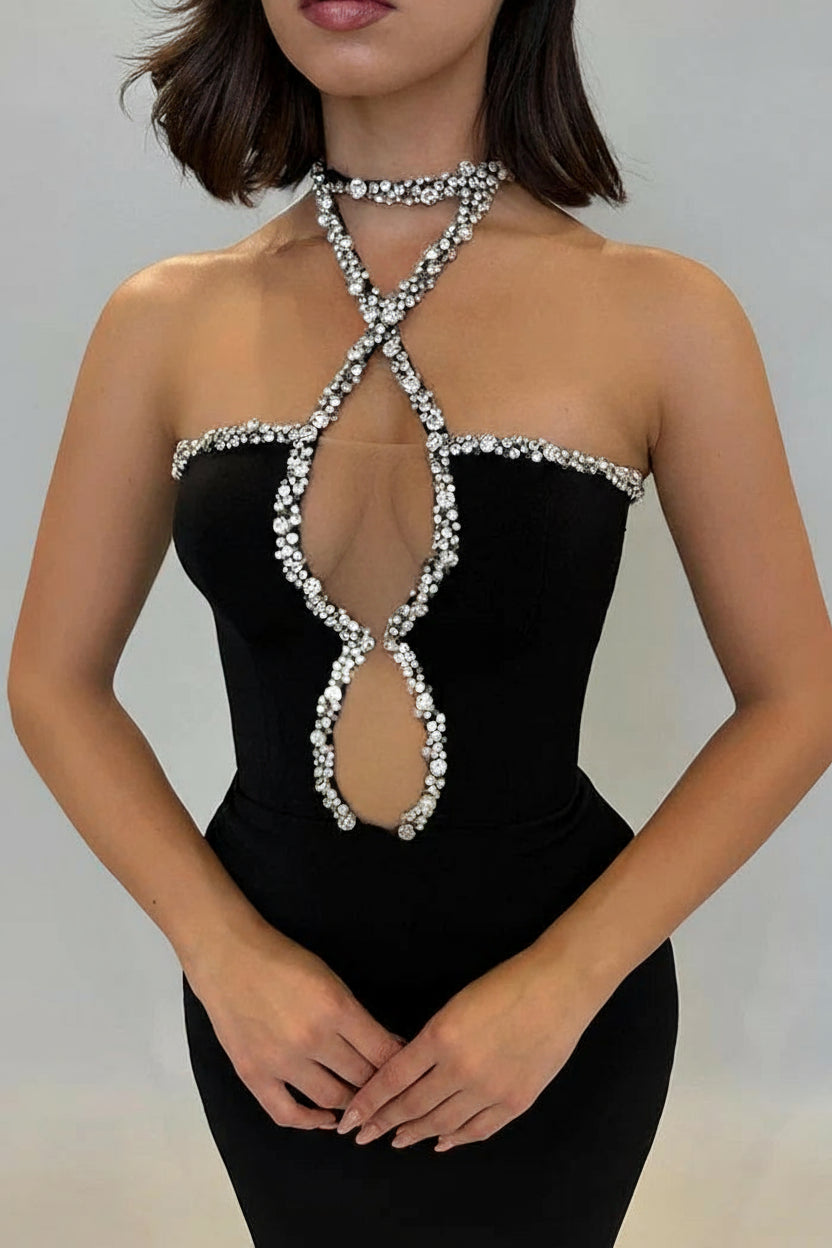 Sexy Sheath Halter Sleeveless Black Evening Dress Prom Dress With Rhinestone