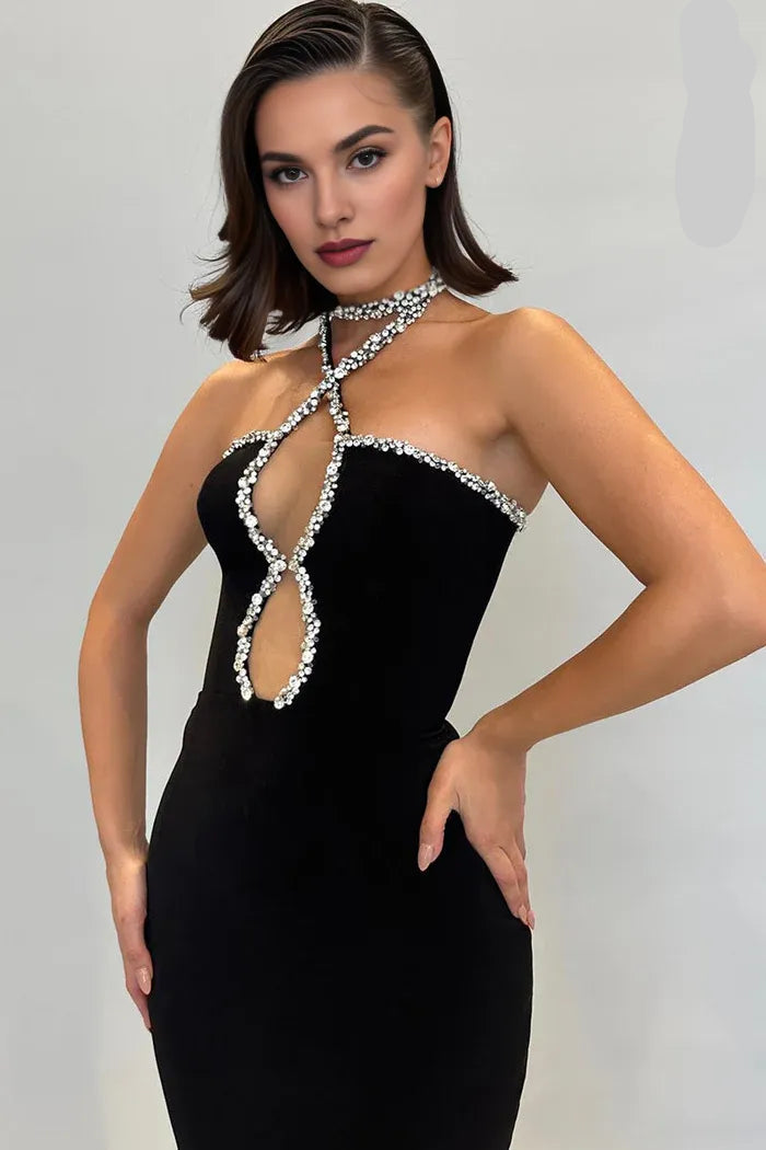 Sexy Sheath Halter Sleeveless Black Evening Dress Prom Dress With Rhinestone
