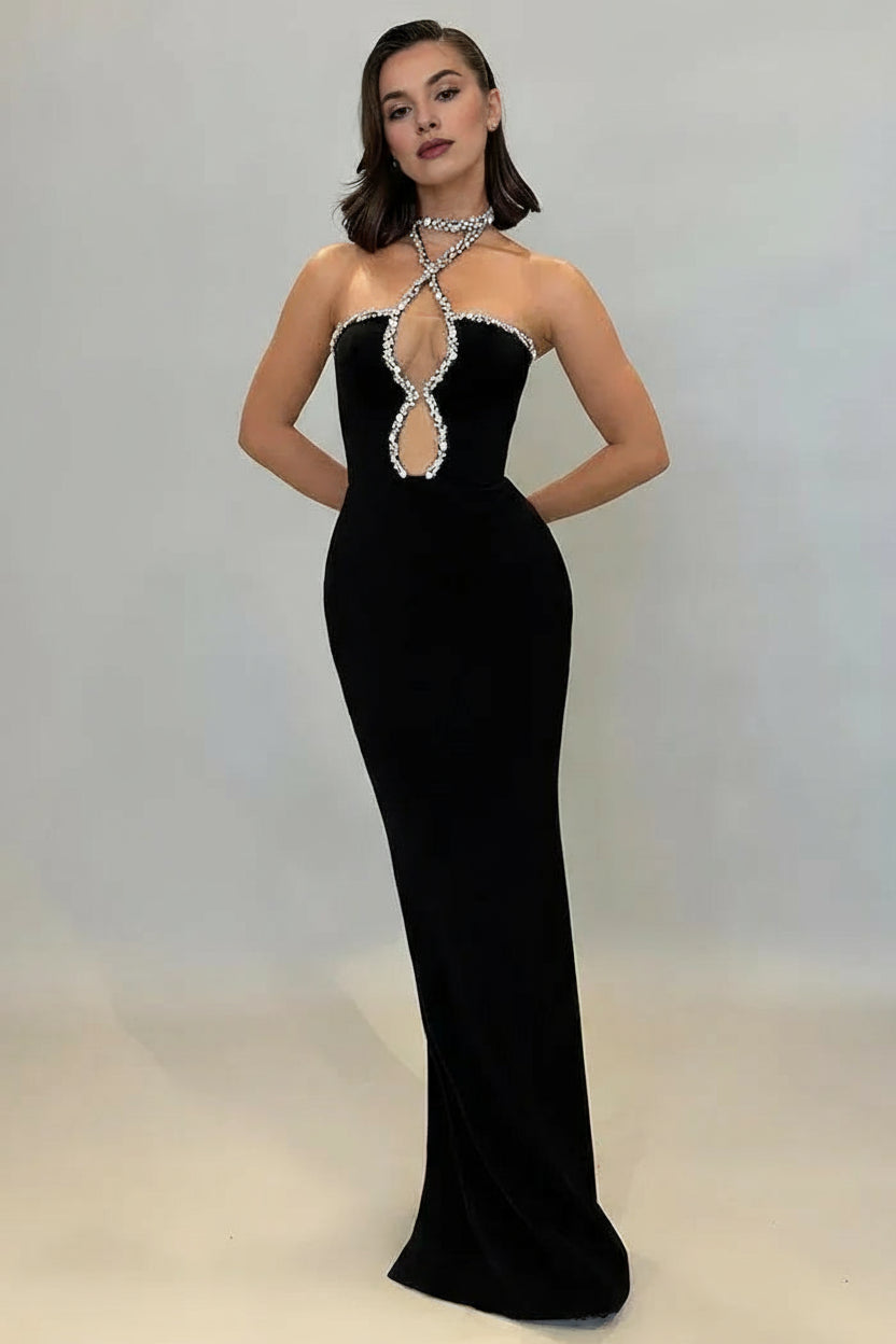 Sexy Sheath Halter Sleeveless Black Evening Dress Prom Dress With Rhinestone