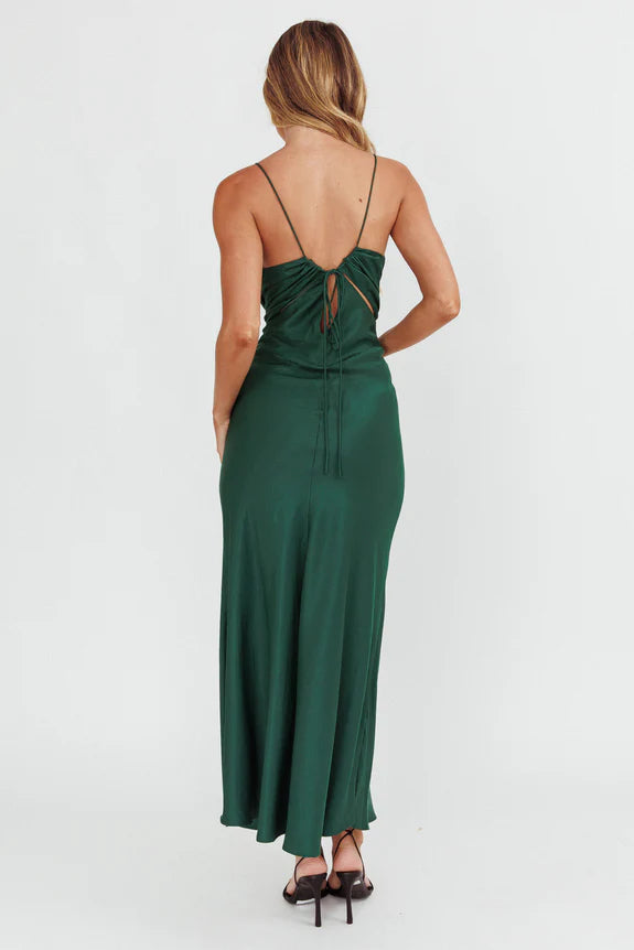 Sexy Spaghetti Straps Cut-Out String Satin Emerald Evening Dress For Ladies