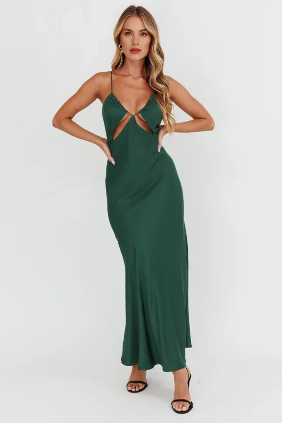 Sexy Spaghetti Straps Cut-Out String Satin Emerald Evening Dress For Ladies