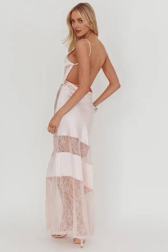 Sexy Spaghetti Straps Low Back Insert Lace Pink Maxi Prom Dress