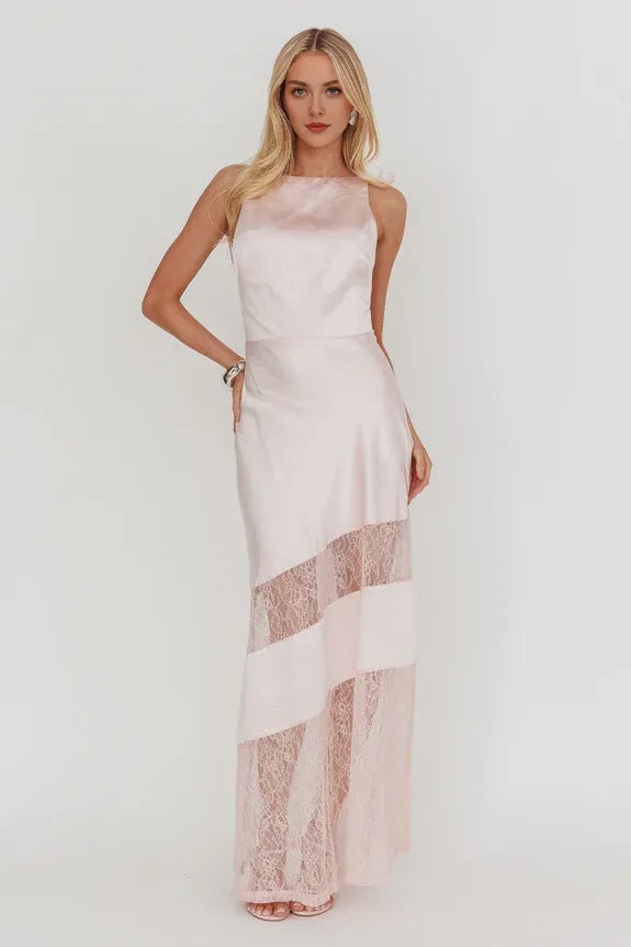 Sexy Spaghetti Straps Low Back Insert Lace Pink Maxi Prom Dress