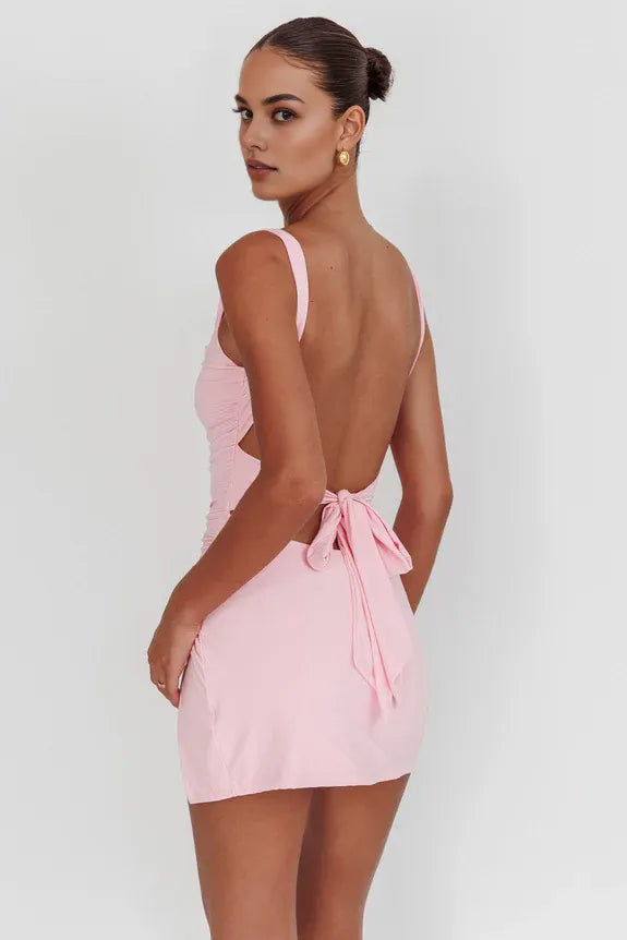 Sexy Square Neck Bodycon Backless Pink Mini Homecoming Dress With Slit
