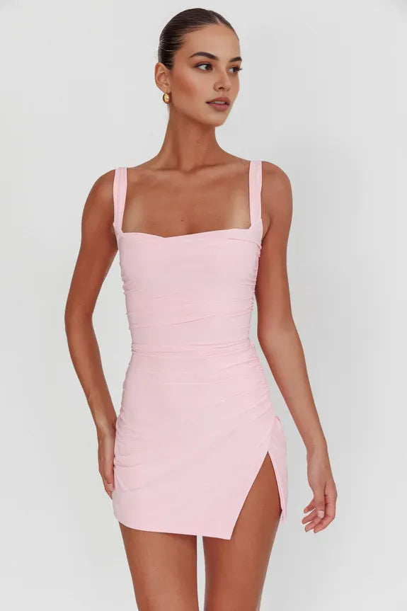 Sexy Square Neck Bodycon Backless Pink Mini Homecoming Dress With Slit