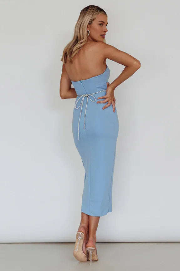 Sexy Strapless Cut-out Diamante Tie Blush Midi Evening Dress With Slit