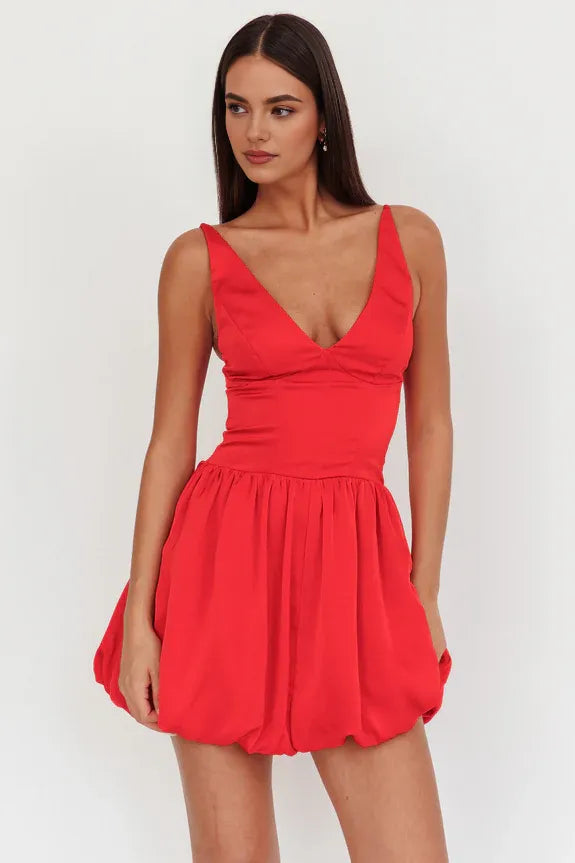 Sexy V Neck Balloon Skirt Red Mini Homecoming Dress With Bubble Hem