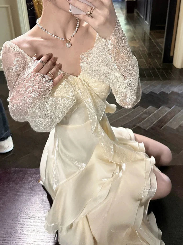 Sexy V Neck Long Sleeves Ruffles High Low Lace White Long Prom Dress