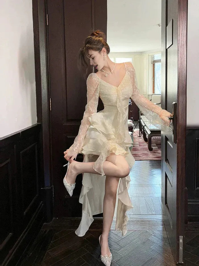 Sexy V Neck Long Sleeves Ruffles High Low Lace White Long Prom Dress