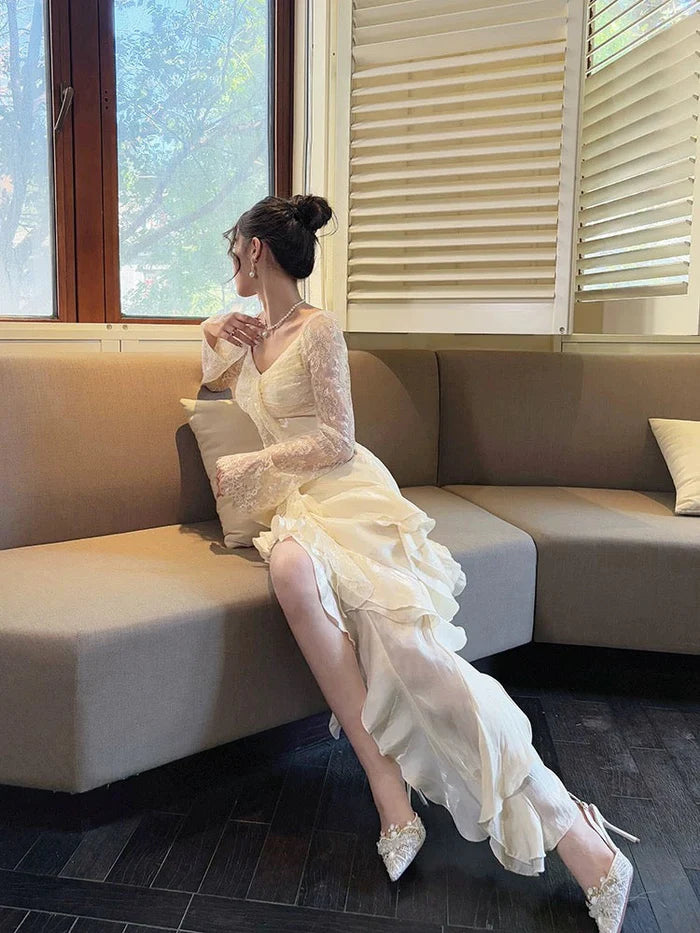 Sexy V Neck Long Sleeves Ruffles High Low Lace White Long Prom Dress