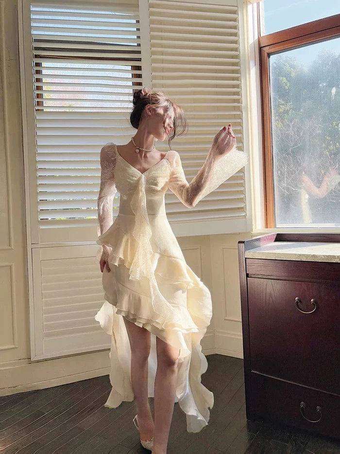 Sexy V Neck Long Sleeves Ruffles High Low Lace White Long Prom Dress