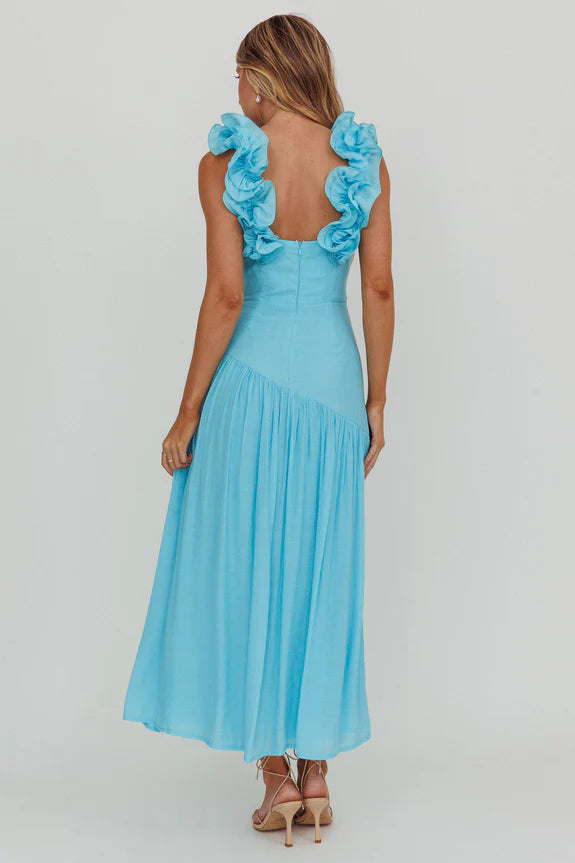 Sexy V Neck Pleated Ruffle Strap Blue Maxi Homecoming Dress Prom Dress