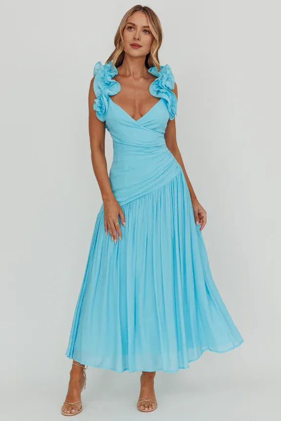 Sexy V Neck Pleated Ruffle Strap Blue Maxi Homecoming Dress Prom Dress