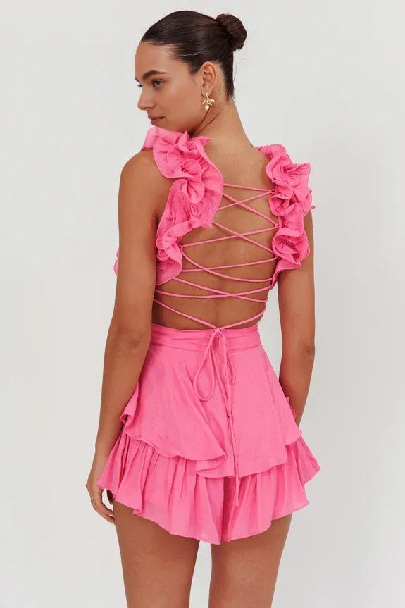 Sexy V Neck Ruffle Tiered Lace-Up Back Pink Mini Homecoming Dress