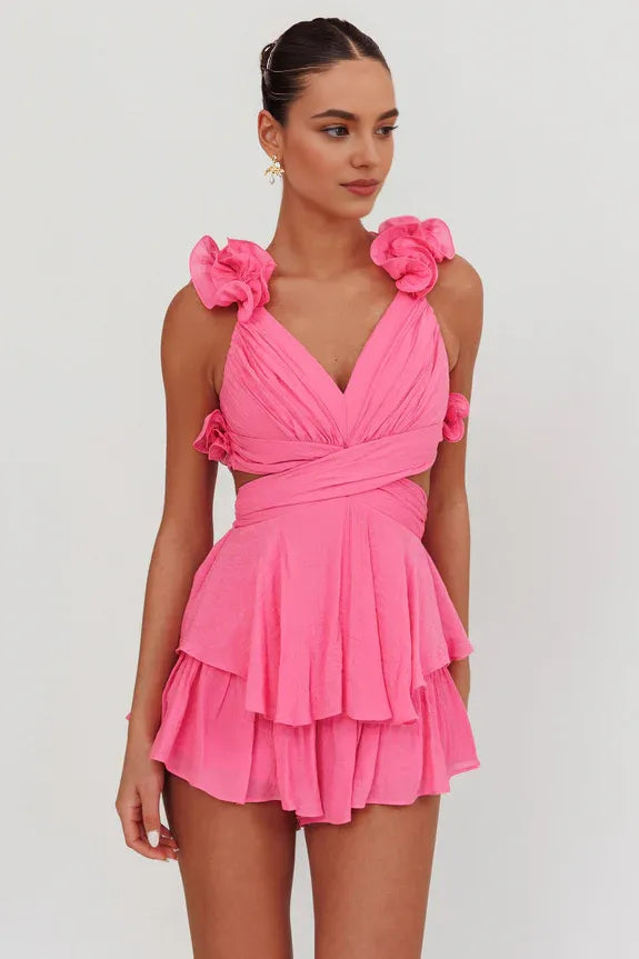 Sexy V Neck Ruffle Tiered Lace-Up Back Pink Mini Homecoming Dress