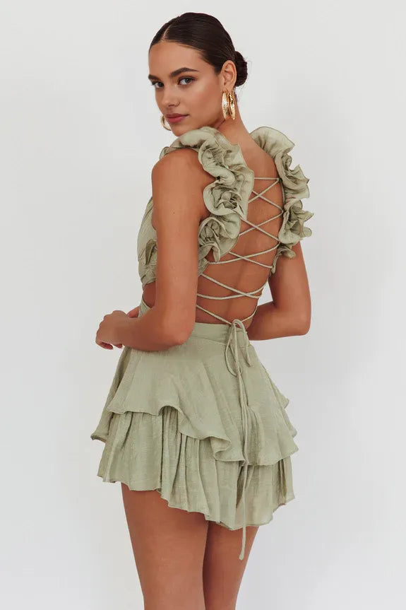 Sexy V Neck Ruffle Tiered Lace-Up Back Sage Mini Homecoming Dress