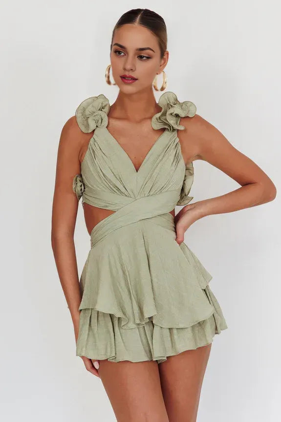 Sexy V Neck Ruffle Tiered Lace-Up Back Sage Mini Homecoming Dress