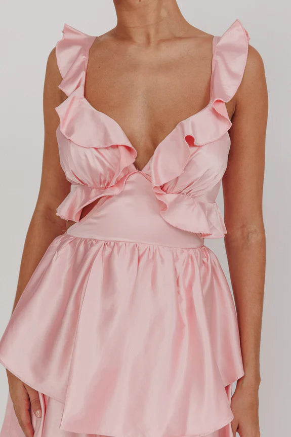 Sexy V Neck Tiered Ruffle Cut-Out Blush Maxi Homecoming Dress Prom Dress