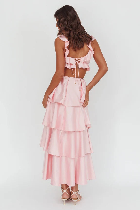 Sexy V Neck Tiered Ruffle Cut-Out Blush Maxi Homecoming Dress Prom Dress