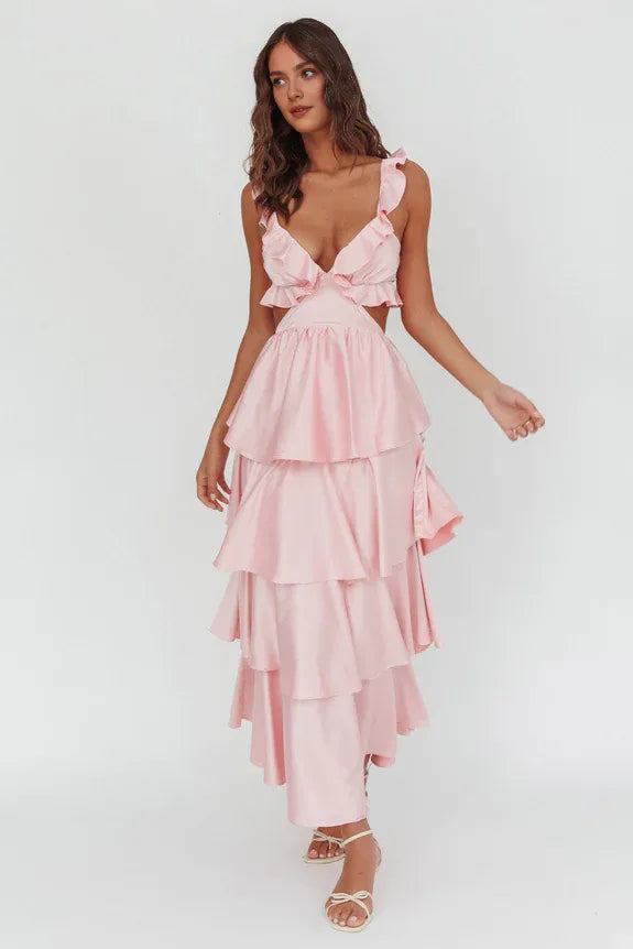 Sexy V Neck Tiered Ruffle Cut-Out Blush Maxi Homecoming Dress Prom Dress
