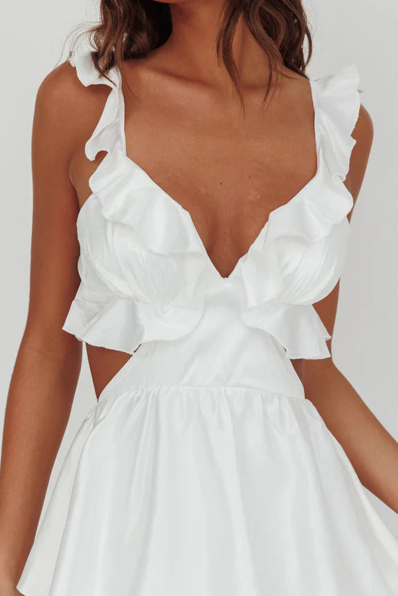 Sexy V Neck Tiered Ruffle Cut-Out White Maxi Homecoming Dress Prom Dress