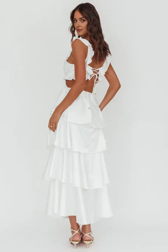 Sexy V Neck Tiered Ruffle Cut-Out White Maxi Homecoming Dress Prom Dress