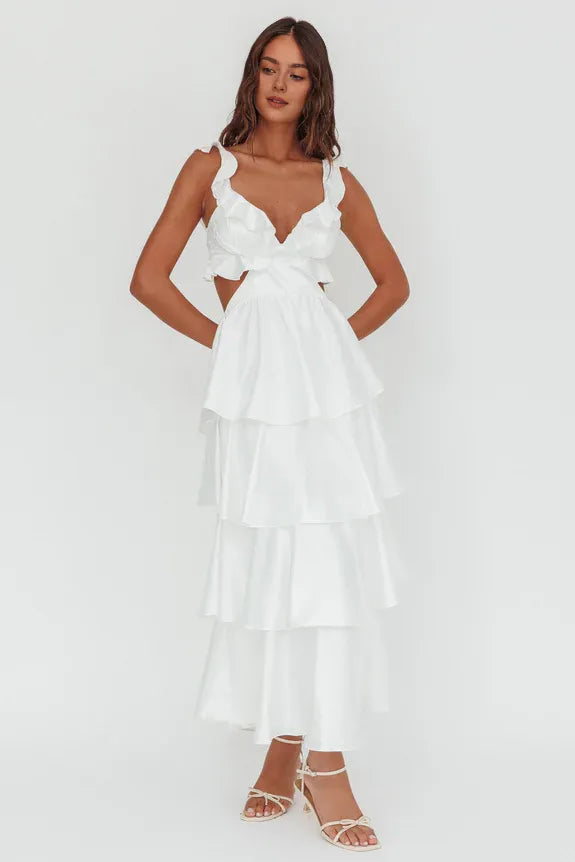 Sexy V Neck Tiered Ruffle Cut-Out White Maxi Homecoming Dress Prom Dress