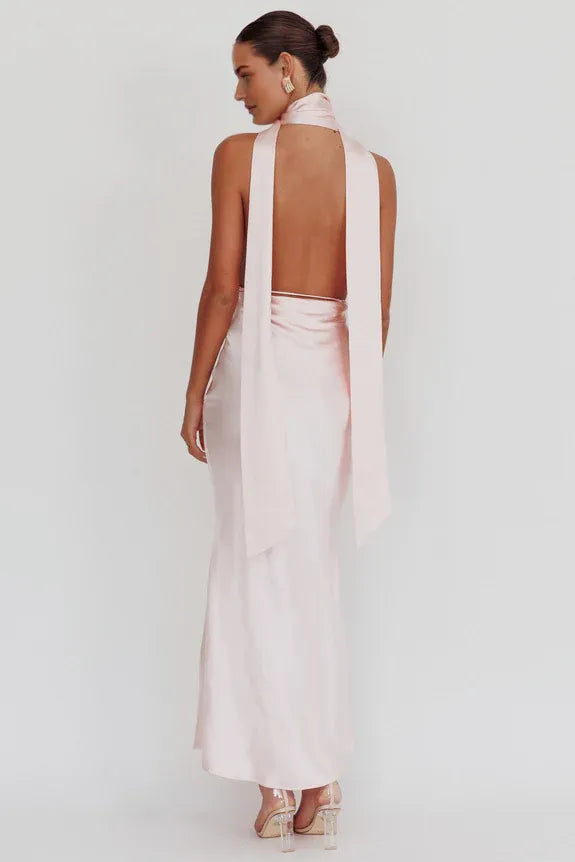 Sexy Halter Neck Rose Open Back Satin Cherry Evening Dress With Streamer