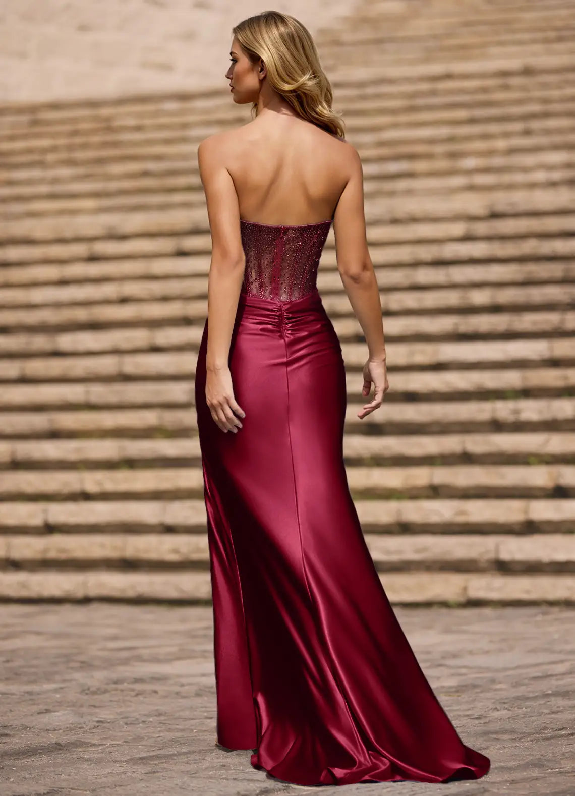 Sheath Asymmetrical Neck Rhinestone Satin Burgundy Maxi Prom Dress