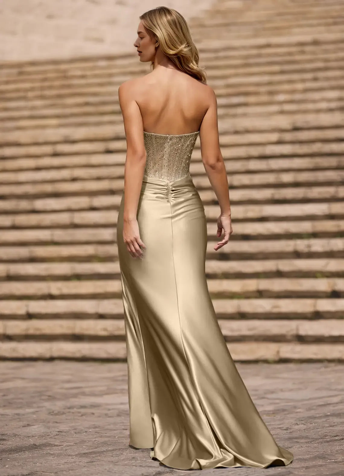 Sheath Asymmetrical Neck Rhinestone Satin Champagne Maxi Prom Dress