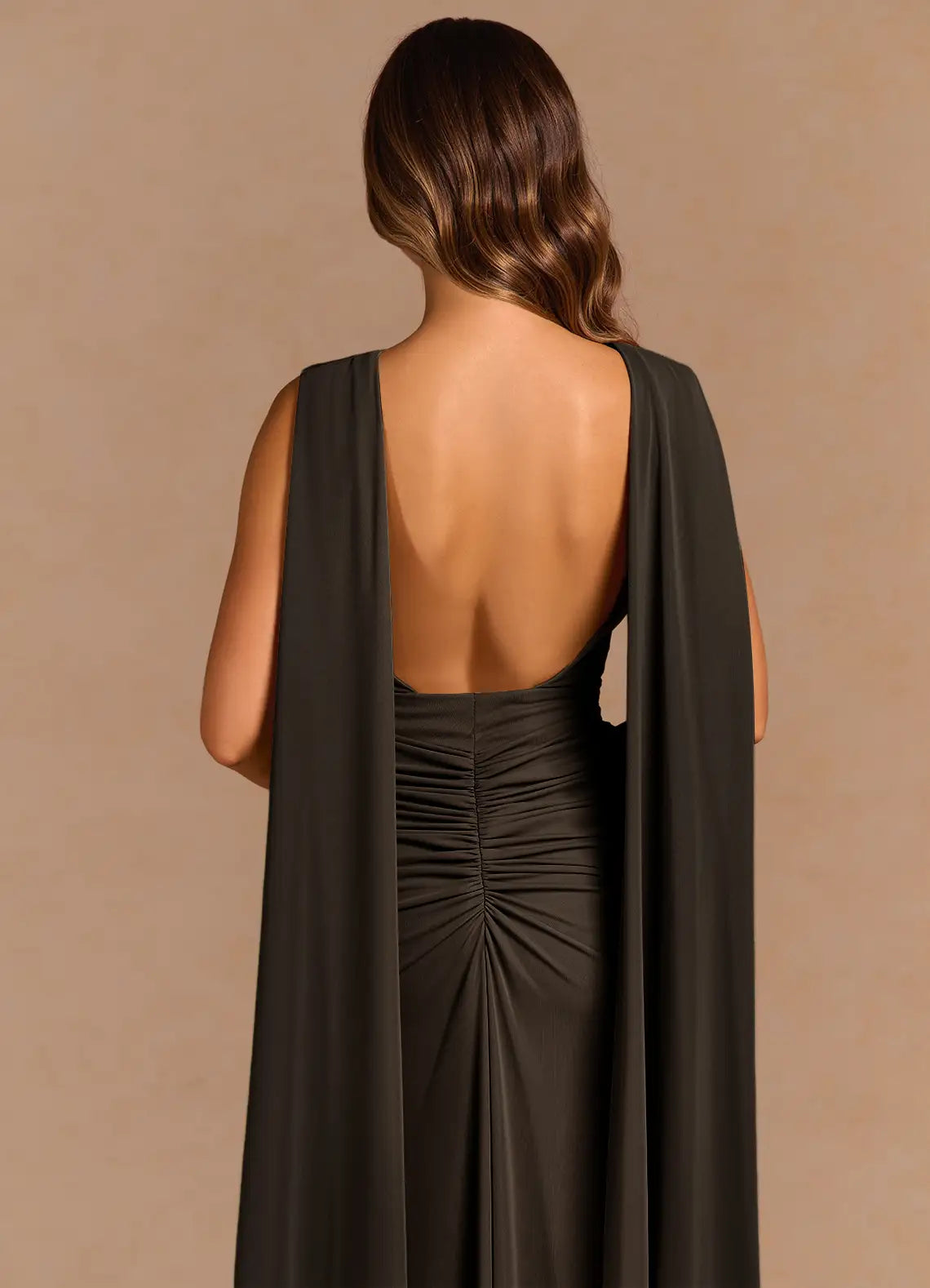 Sheath Boat Neck Backless Chocolate Maxi Evening Dress With Streamer