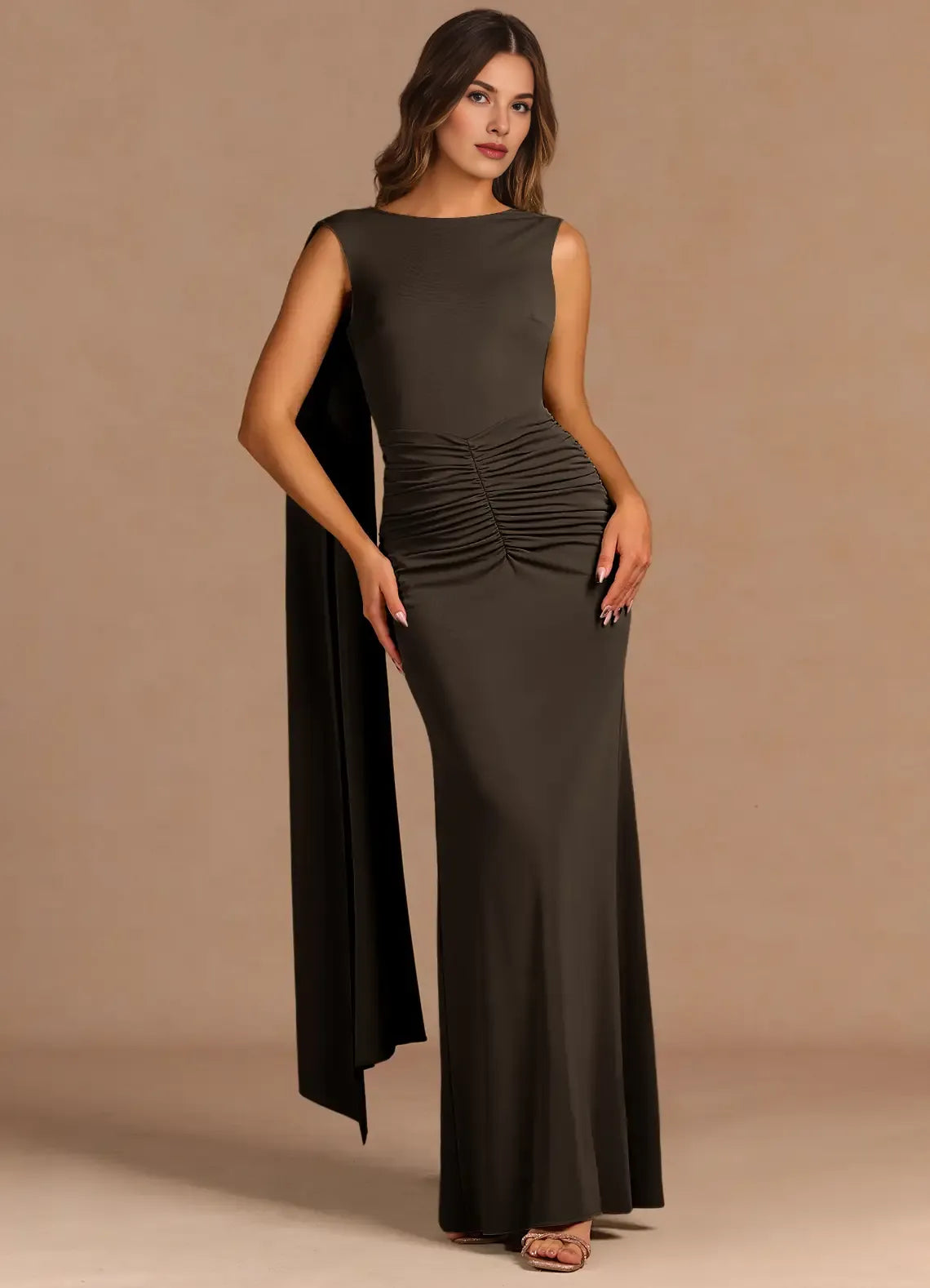 Sheath Boat Neck Backless Chocolate Maxi Evening Dress With Streamer