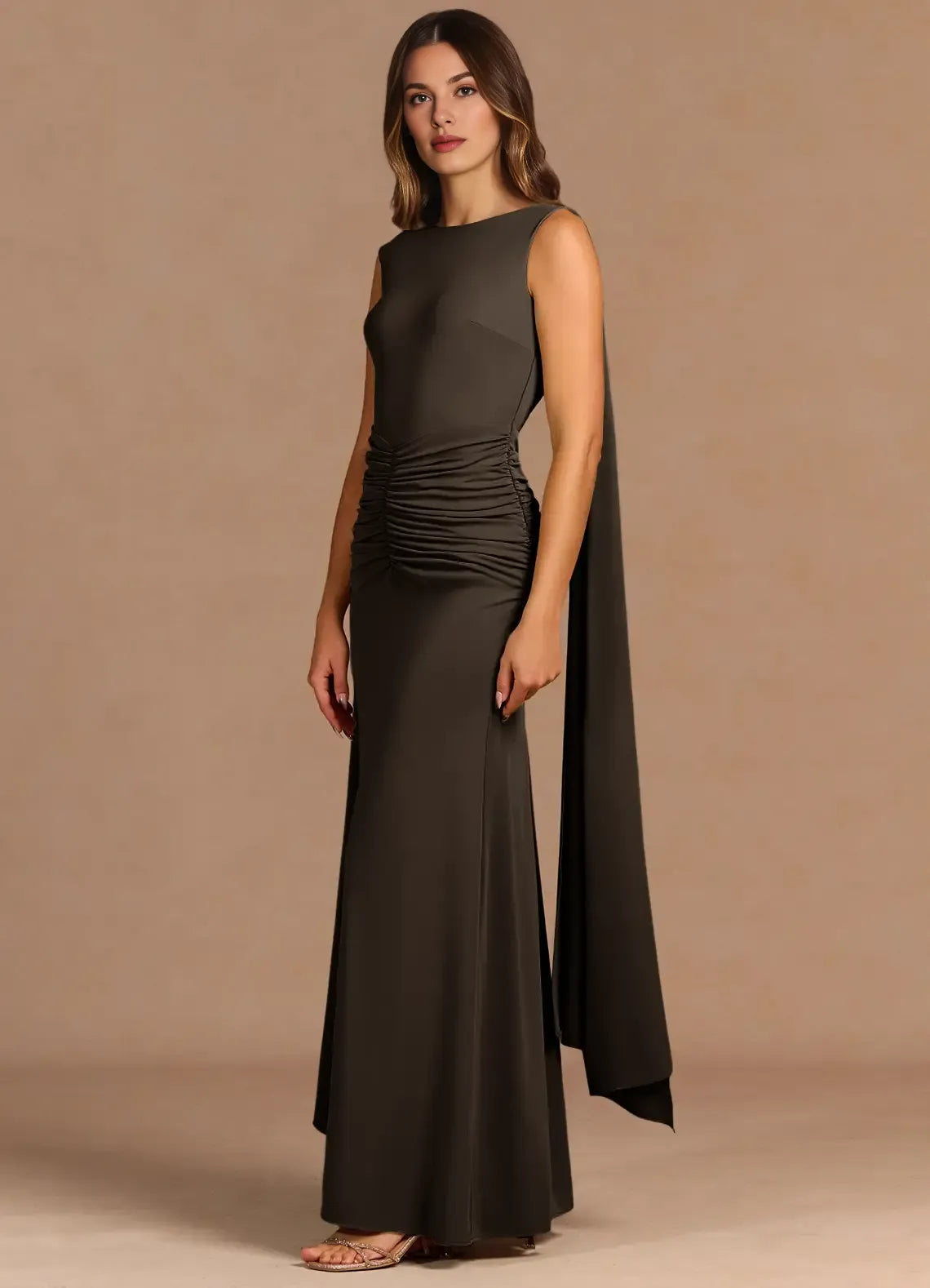 Sheath Boat Neck Backless Chocolate Maxi Evening Dress With Streamer